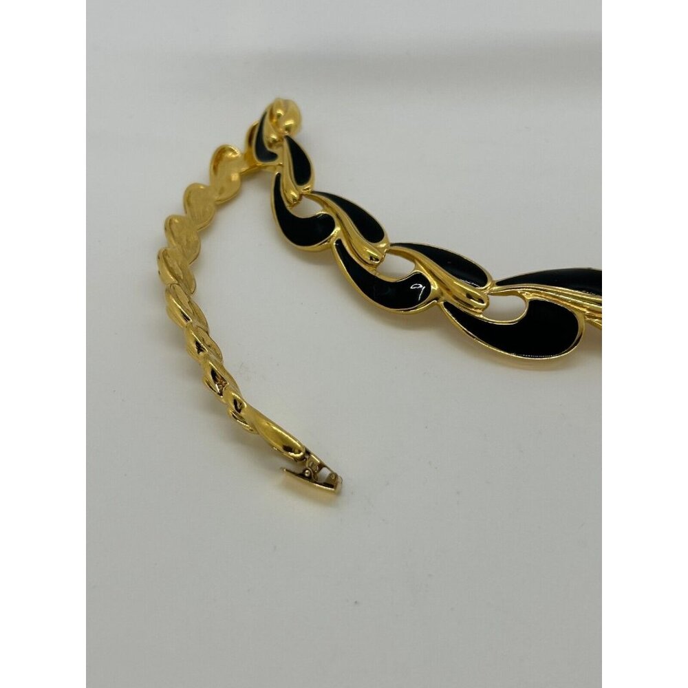 Vintage TRIFARI Gold Tone Black Enamel Modernist Leaf Link Collar Necklace 1980s - Picture 7 of 14